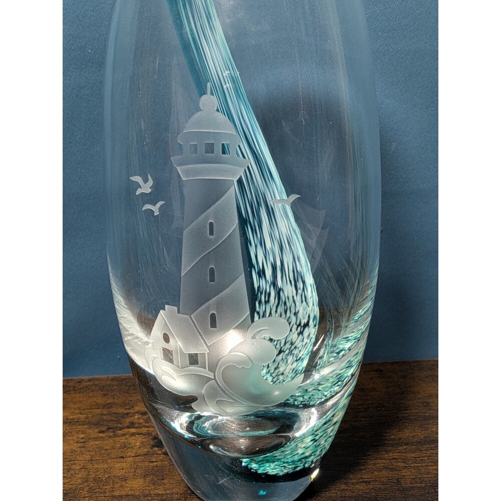 Lenox Barrel Etched Teal Vase Swirl Wave Lighthouse Crystal/Cut Glass 8" Beach
